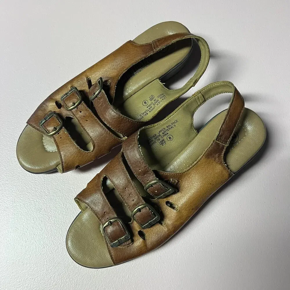 The Leather Collection Strappy Buckle Slingback Brown Leather Sandals Womens 8